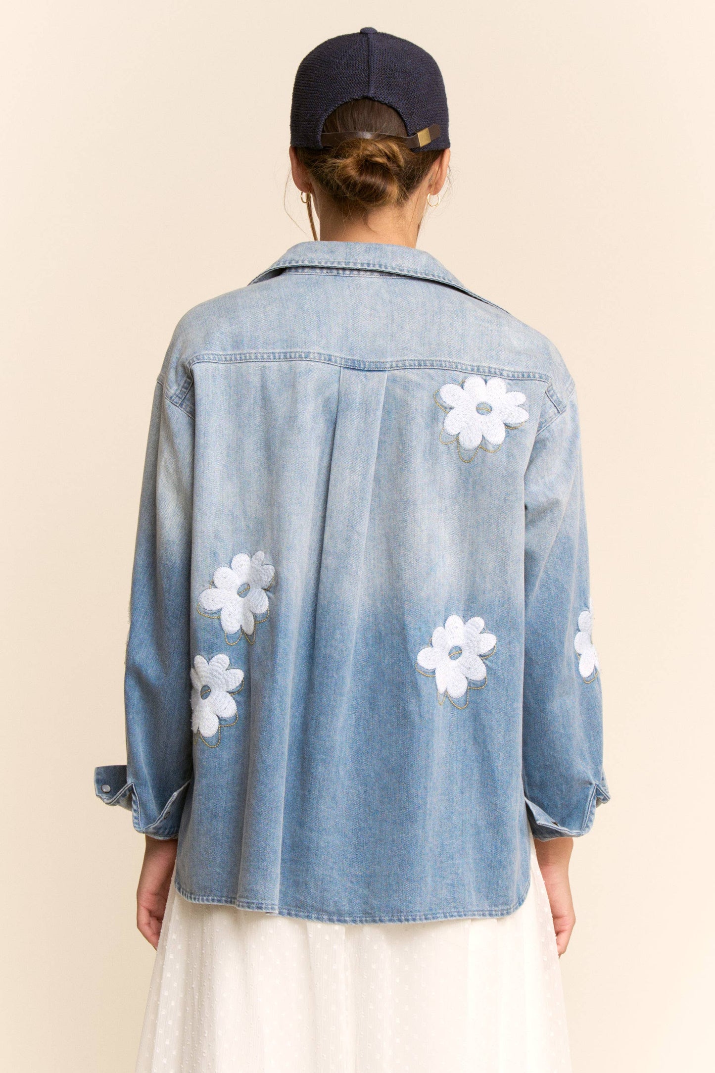 Washed Denim Flower Embroider Button Front Shirt