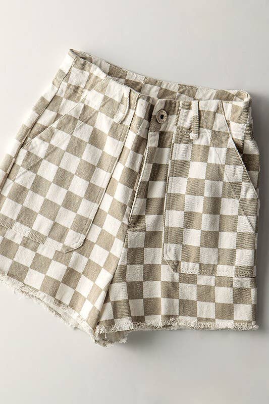 Taupe Checkered Print Shorts