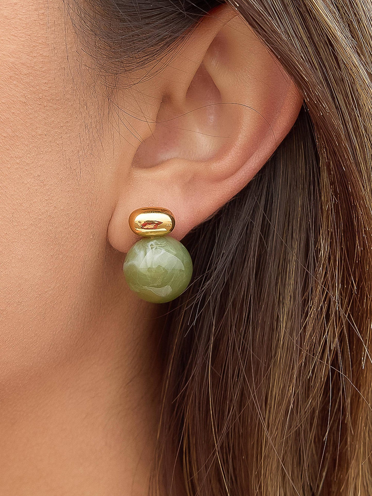 18K Gold Non-Tarnish Green Marble Ball Earrings