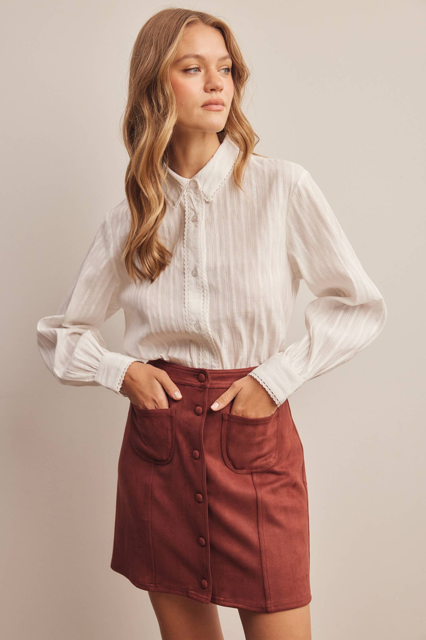Burgundy Stretch Suede Button Front Mini Skirt