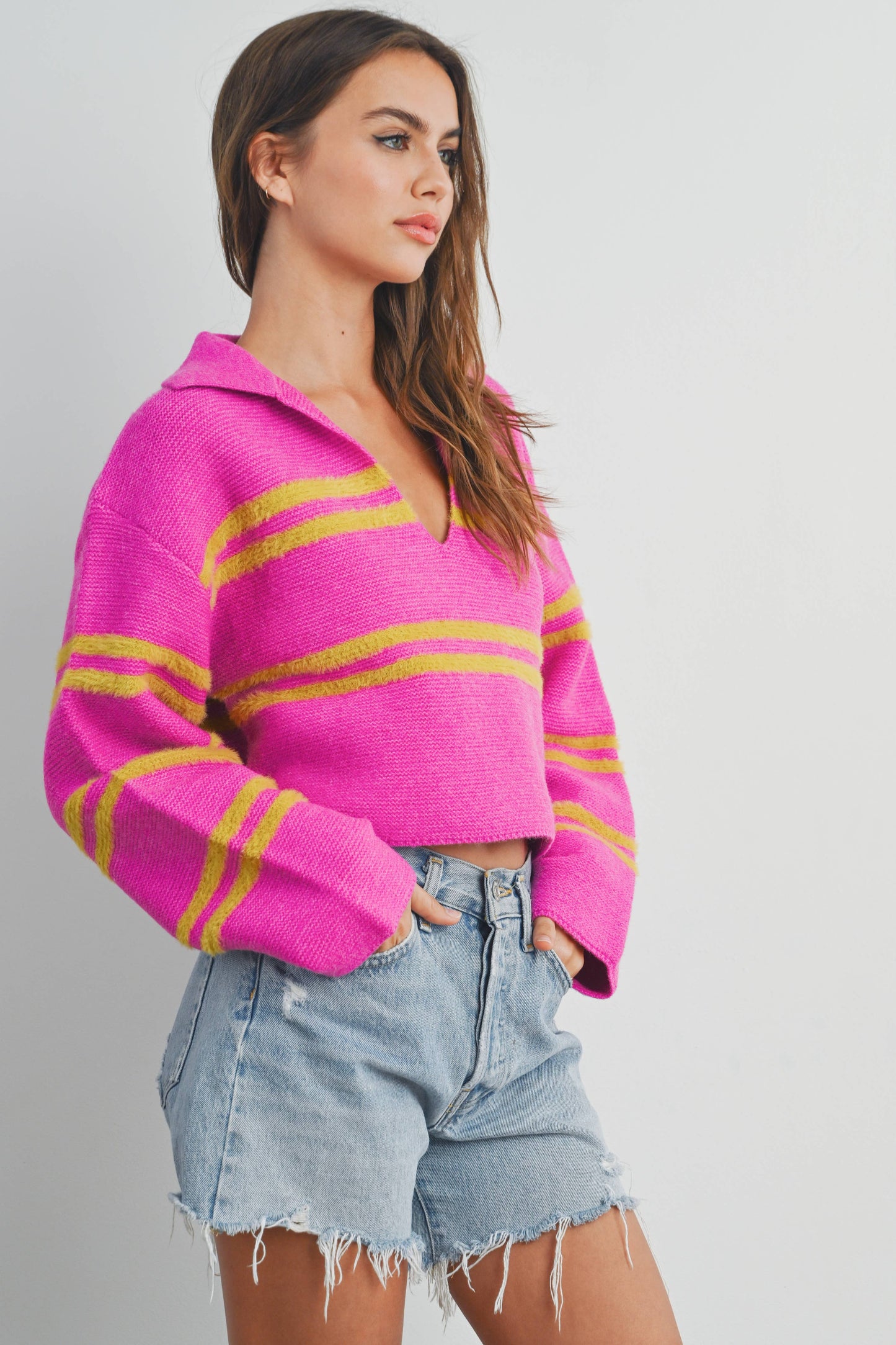 Pink + Lime Stripe Crop Collar Sweater Top