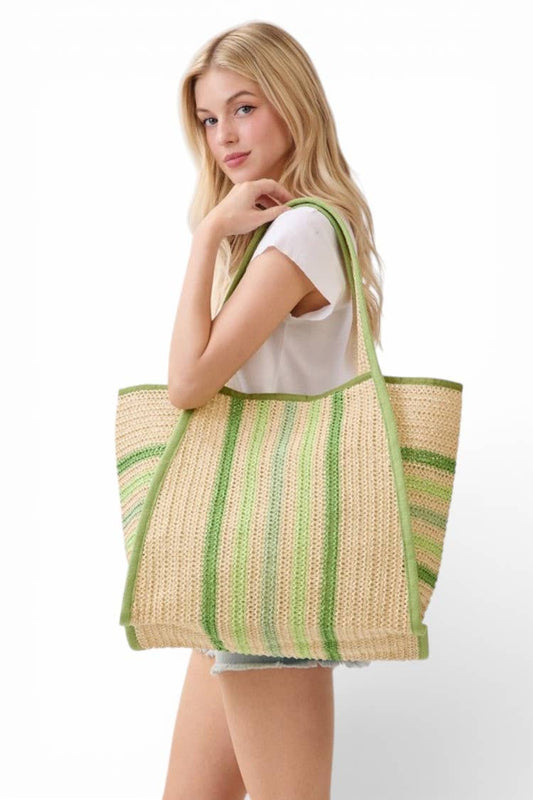 Natural Straw Tote With Multi Color Green Stripes