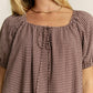 Gingham Mocha Puff Sleeve Drawstring Neck Dress