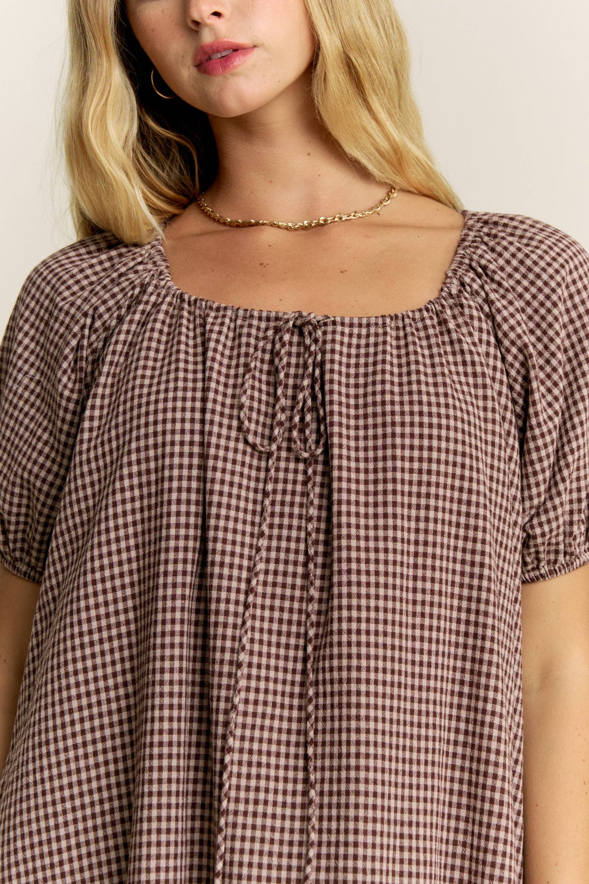 Gingham Mocha Puff Sleeve Drawstring Neck Dress