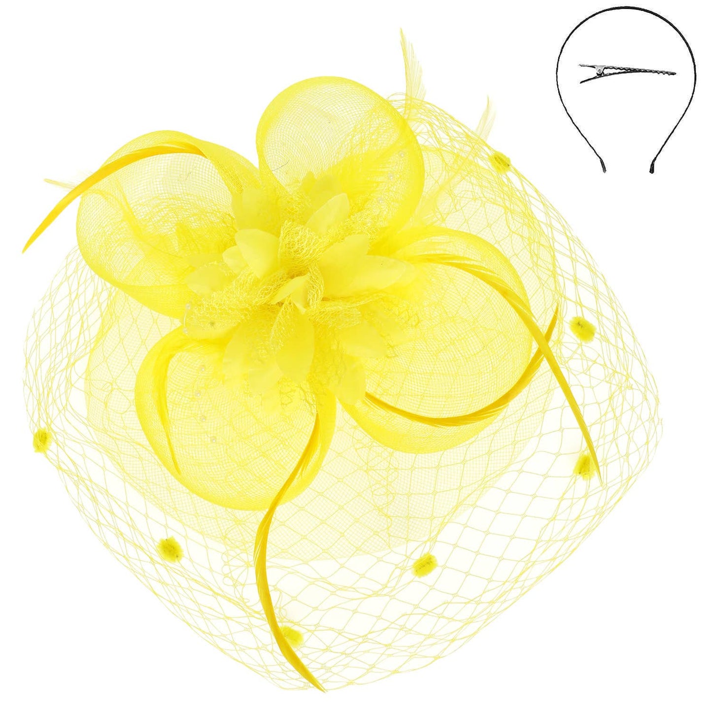 Yellow Floral Feathered Round Fascinator Headband/Clip