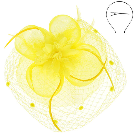 Yellow Floral Feathered Round Fascinator Headband/Clip