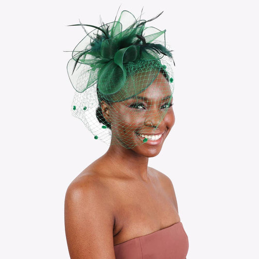 Floral Mesh & Dotted Veil w/ Feathers Fascinator Headband/Clip