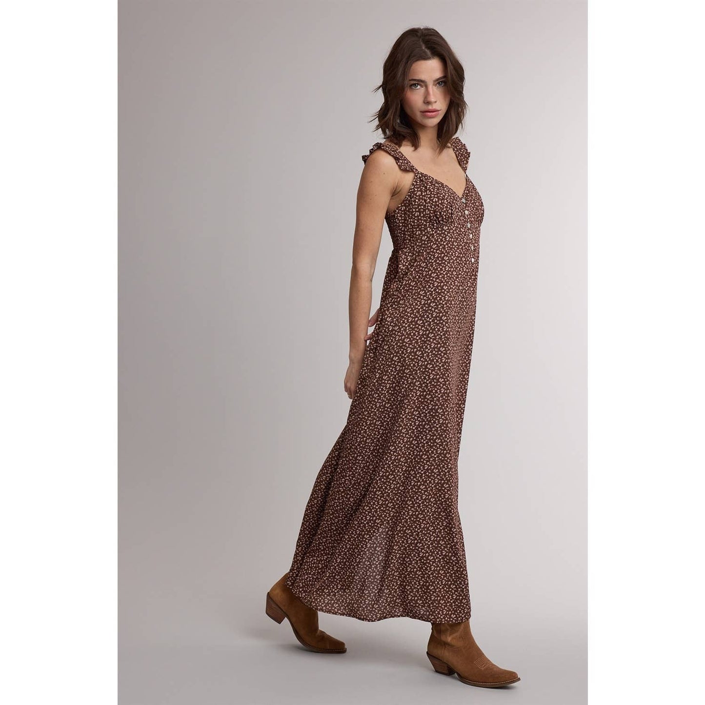Espresso/Rose Floral Ruffle Strap Midi Dress