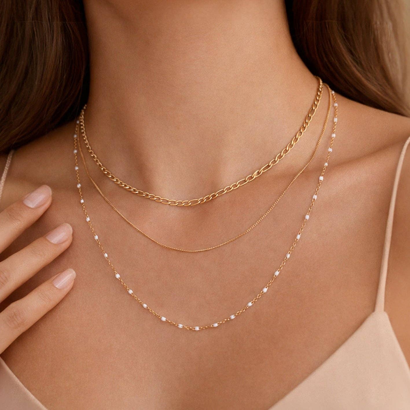 18K Gold Plated Waterproof Stainless Steel Layered Chain Necklace