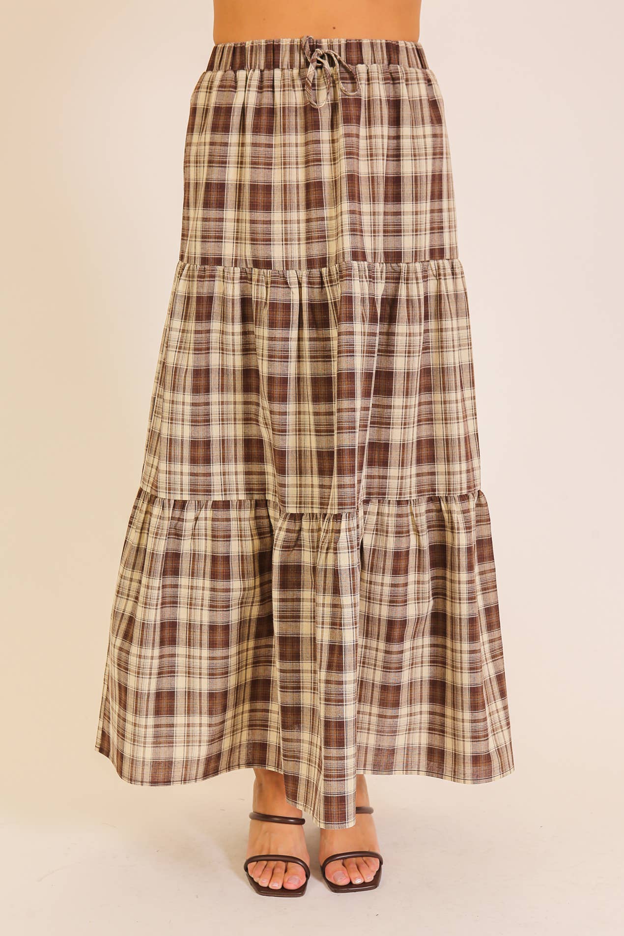 Brown Plaid Tiered Maxi Skirt
