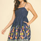 Indigo Flared Denim Mini Dress with Floral Embrodiery