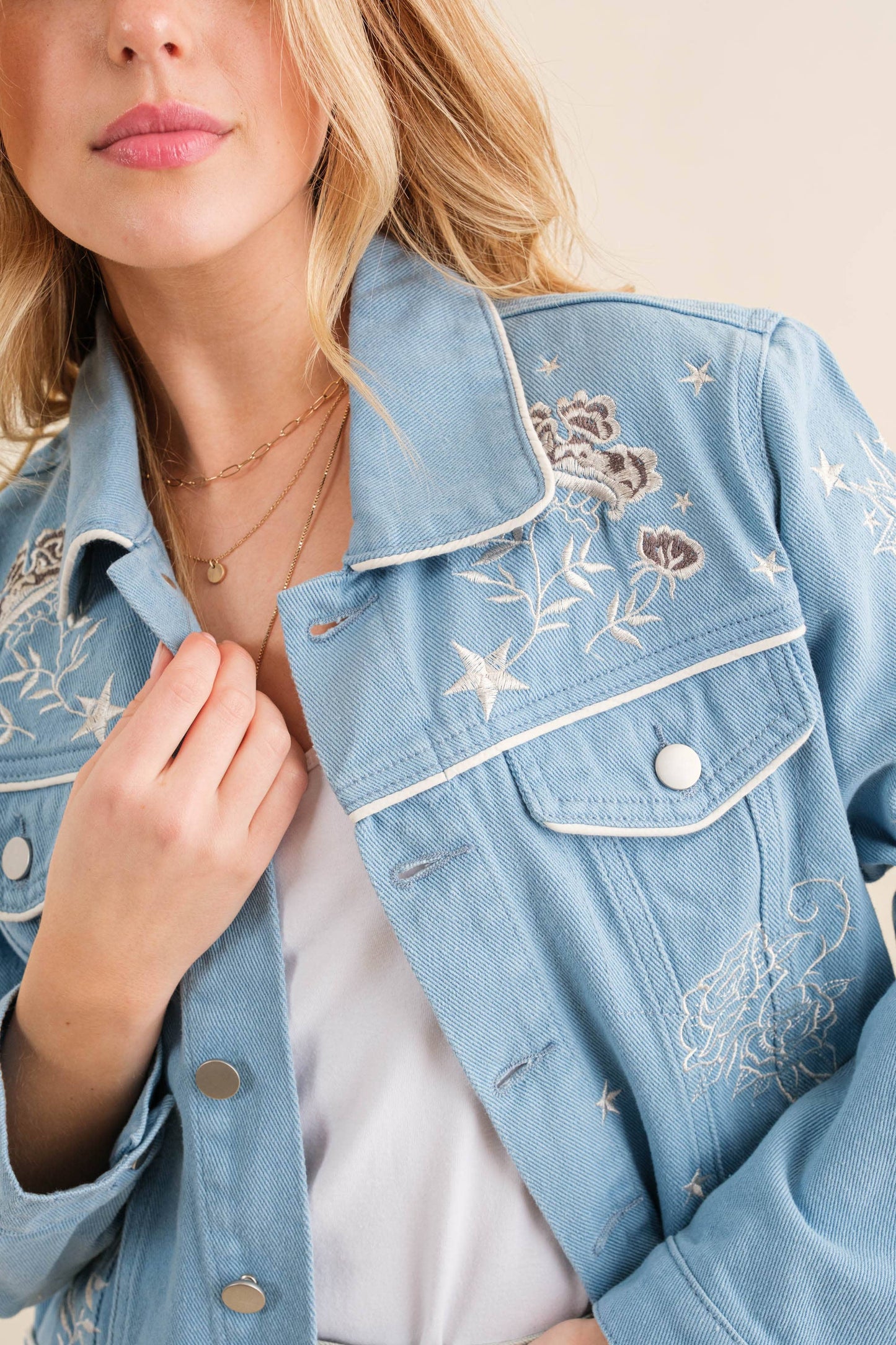Blue Twill Denim Embroidered Western Button Up Jacket