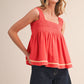 Sleeveless Coral Red Smocked Swing Top