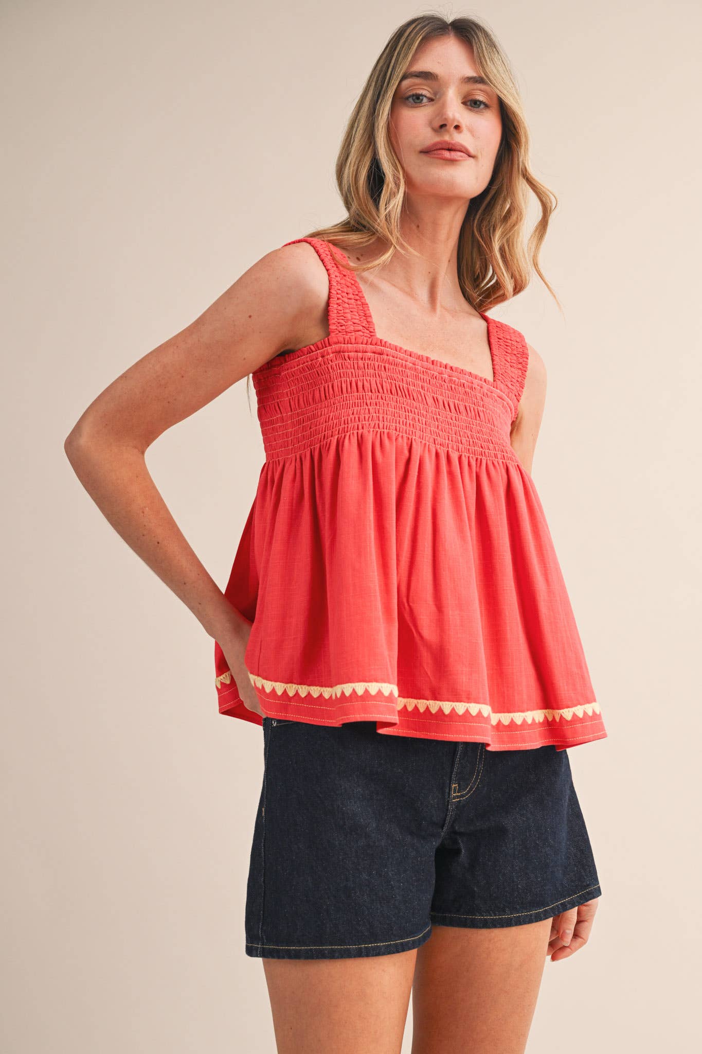 Sleeveless Coral Red Smocked Swing Top