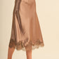 Espresso Satin Midi Slip Skirt with Lace Hem