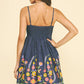 Indigo Flared Denim Mini Dress with Floral Embrodiery