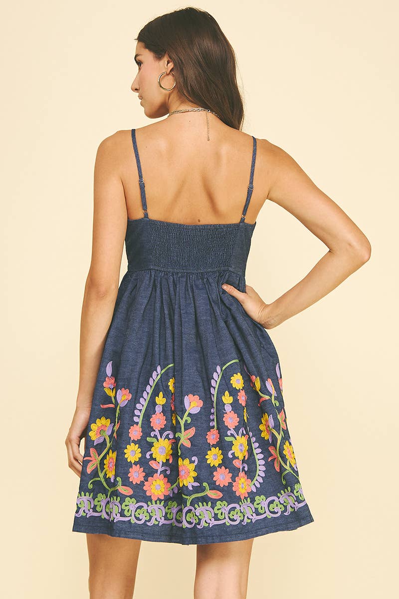 Indigo Flared Denim Mini Dress with Floral Embrodiery