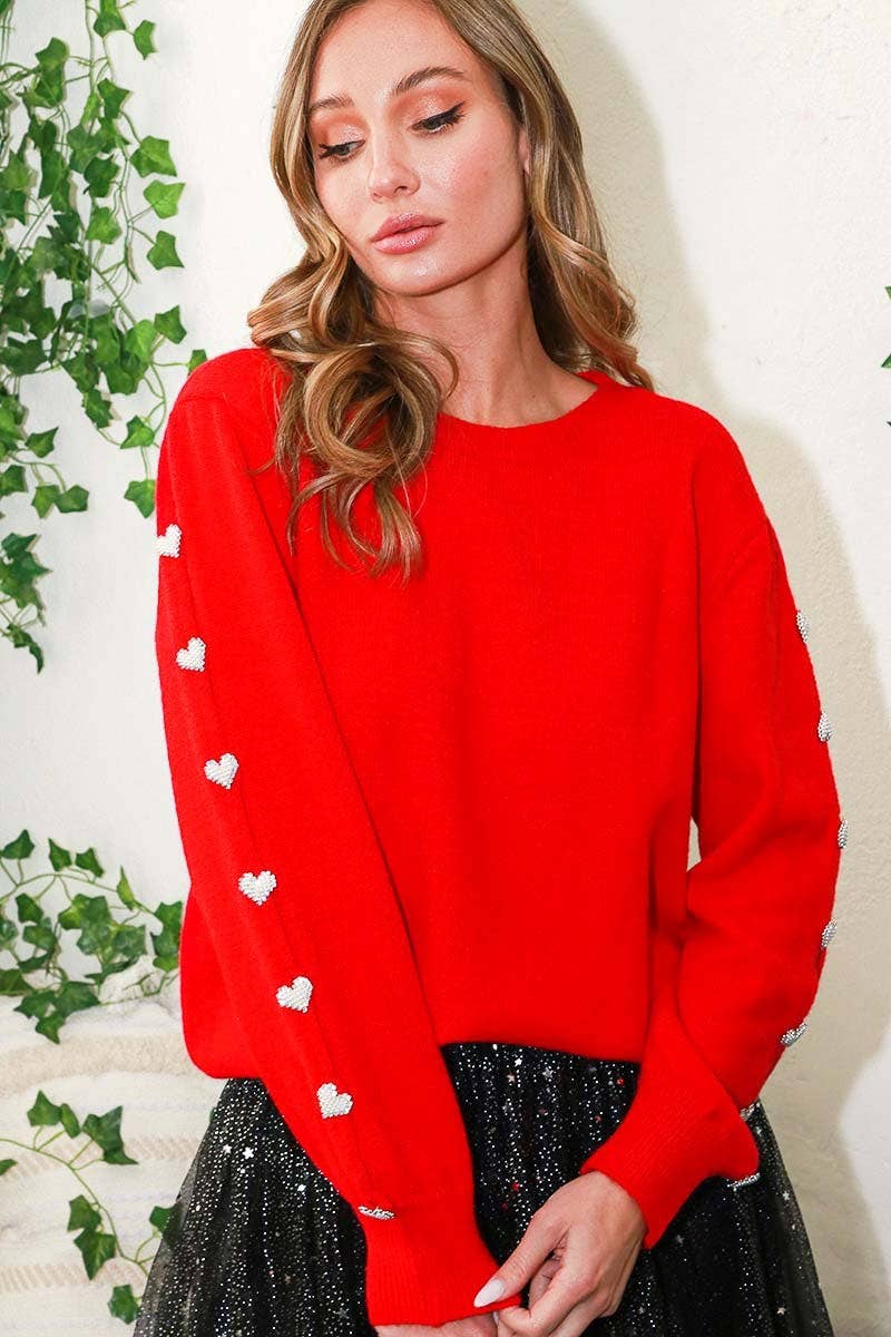 Red Sparkle Heart Sleeve Detail Sweater