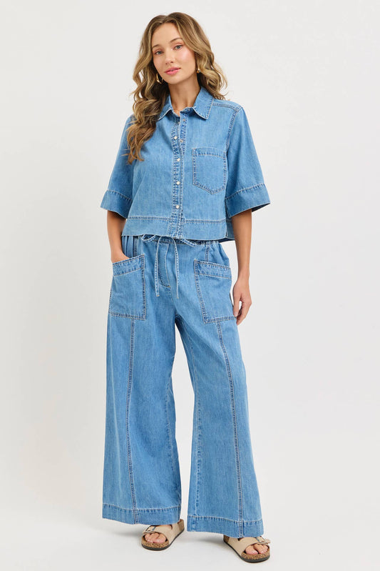 Denim Pull On Wide-Leg Pants