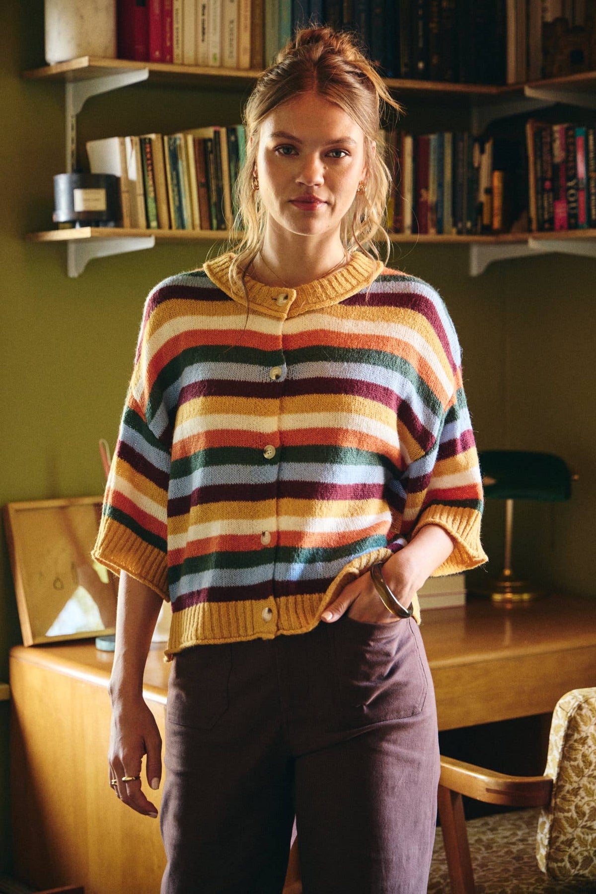 Mustard Multi-Stripe Button Down Cardigan