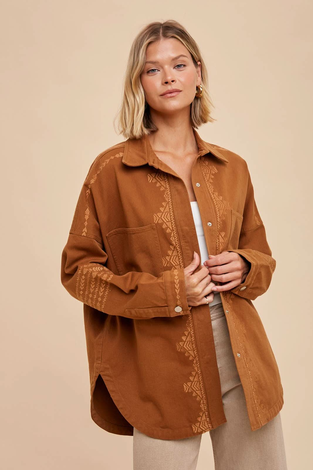 Camel Embroidered Utility Shacket - Purpose + Passion Boutique