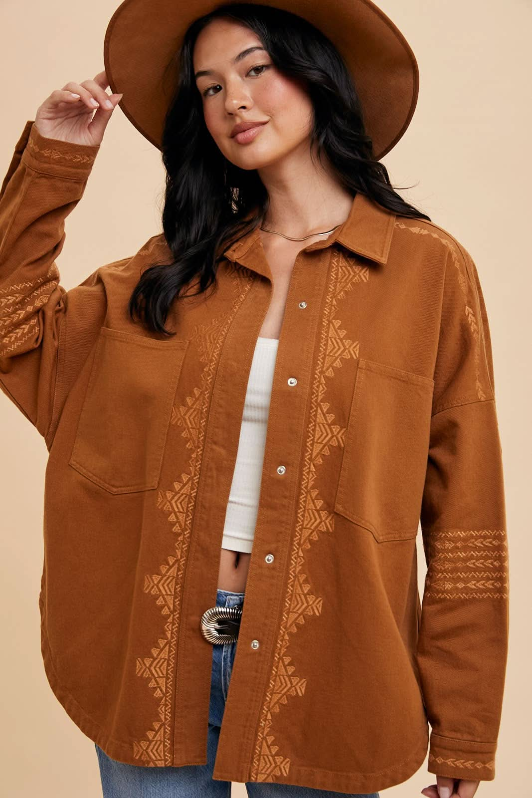 Camel Embroidered Utility Shacket - Purpose + Passion Boutique