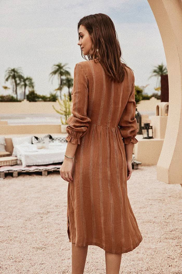 Camel Flax - Linen Midi Shirt Dress With Pockets - Purpose + Passion Boutique