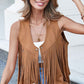 Camel Fringed Snap Button Front Suedette Vest - Purpose + Passion Boutique