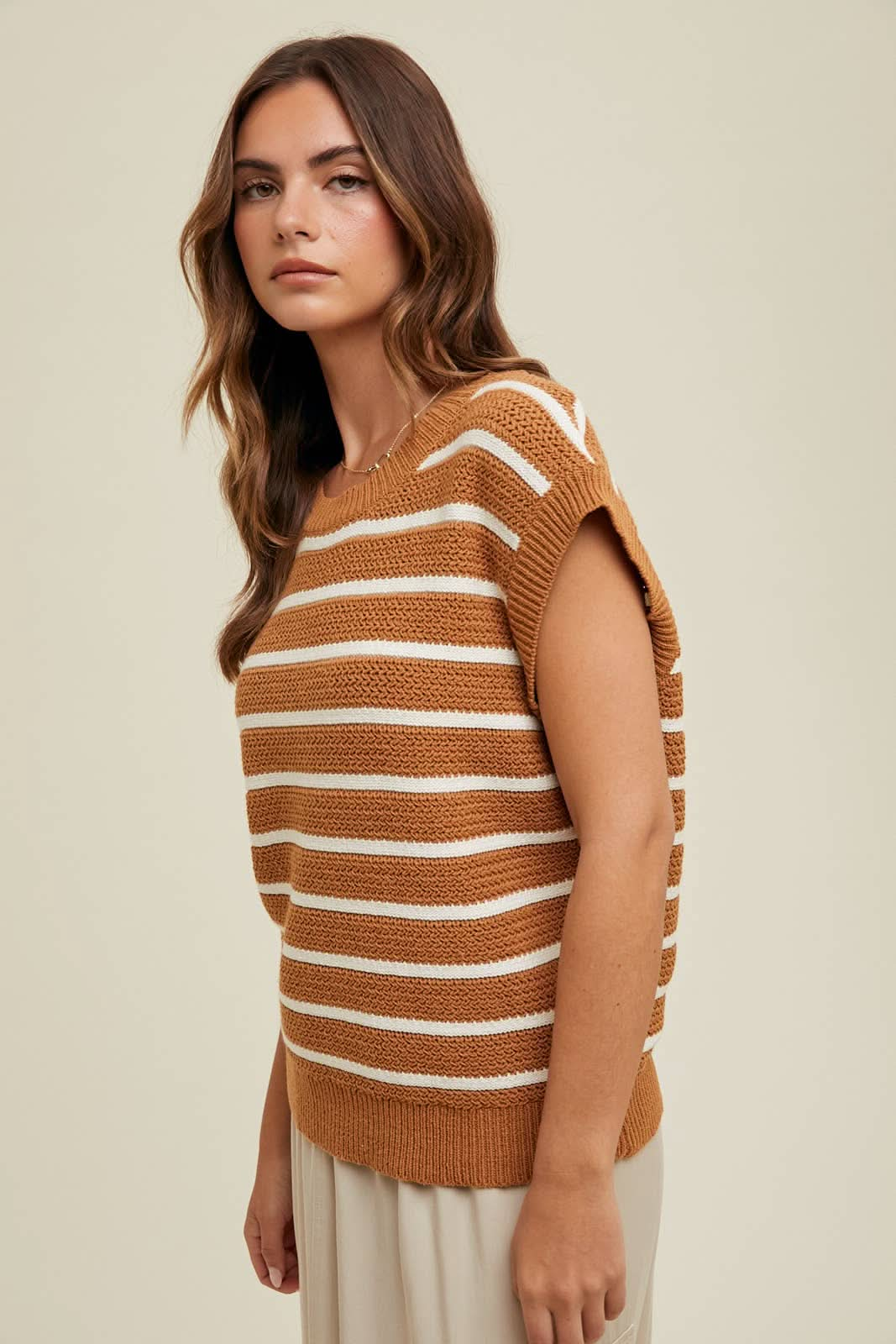 Camel + Ivory Striped Sweater Vest - Purpose + Passion Boutique