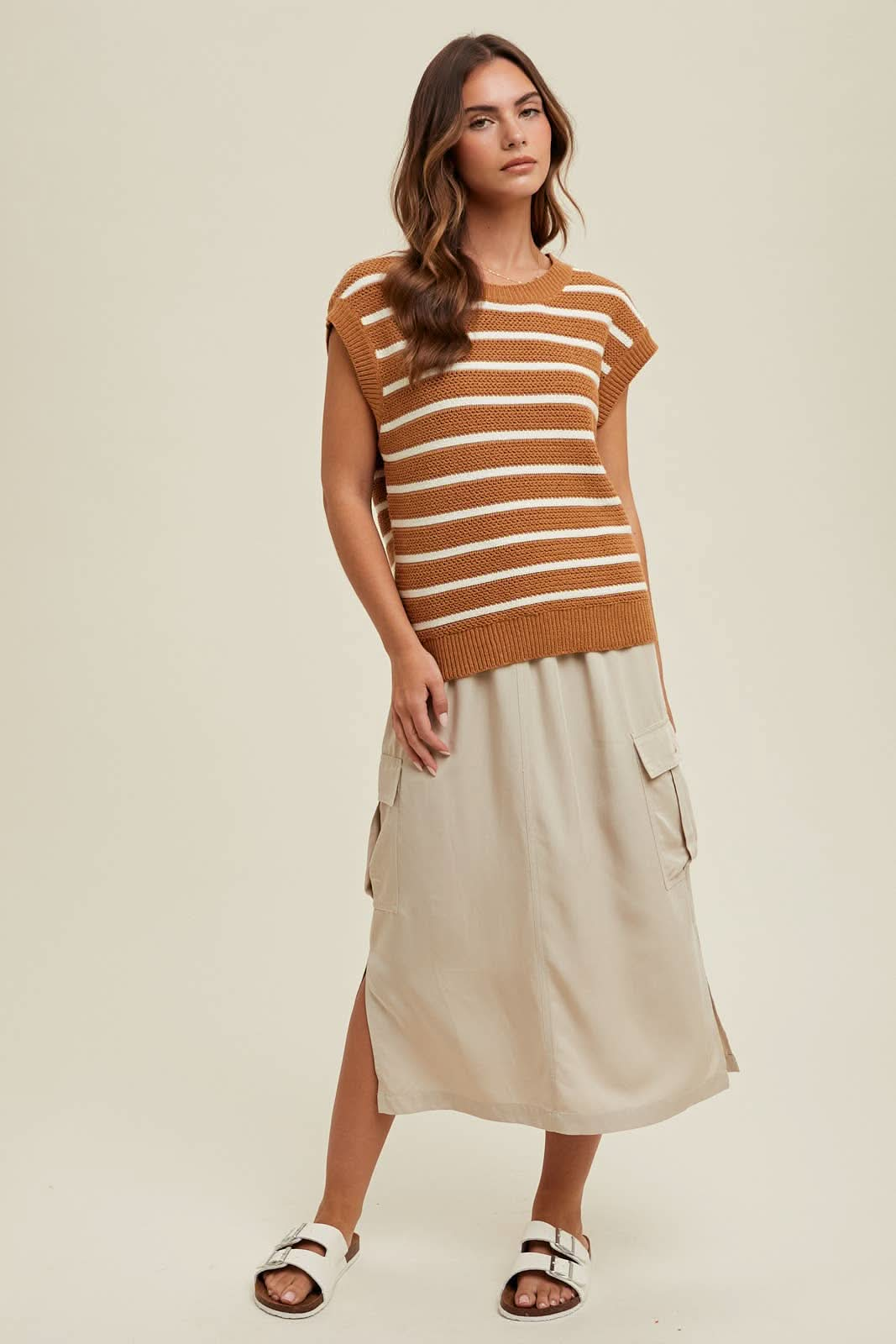 Camel + Ivory Striped Sweater Vest - Purpose + Passion Boutique