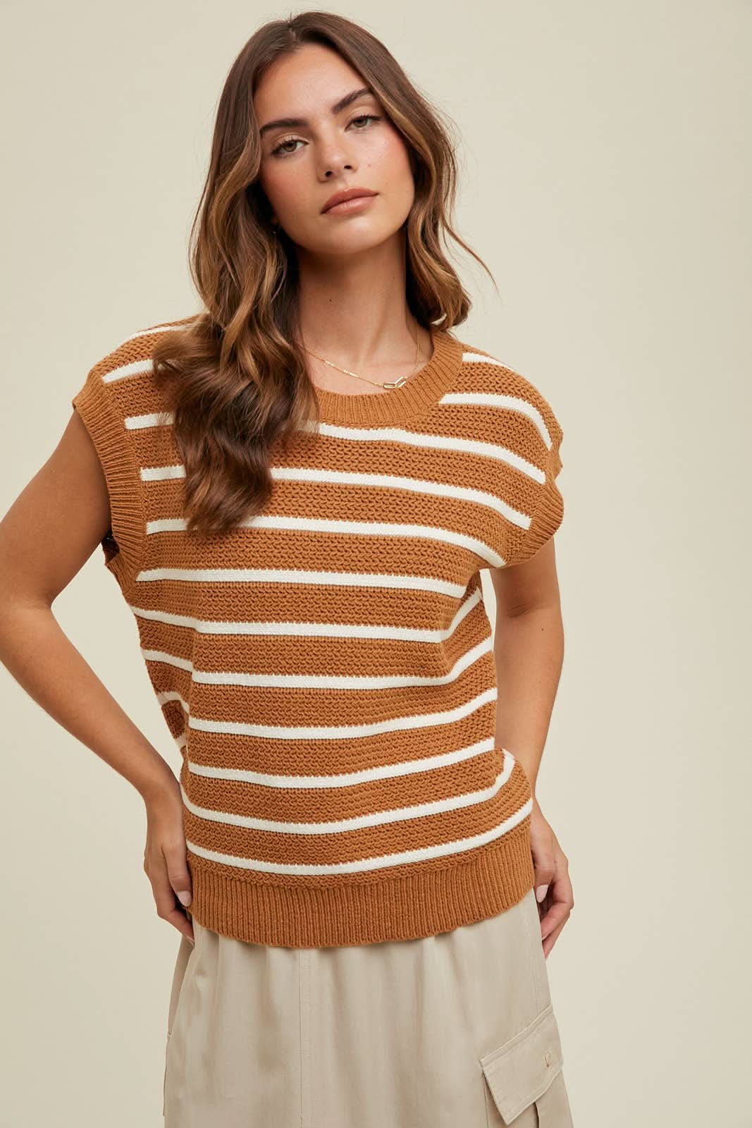 Camel + Ivory Striped Sweater Vest - Purpose + Passion Boutique