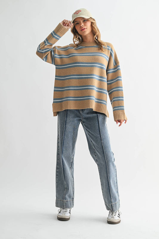 Camel Striped Drop Shoulder Knit Sweater - Purpose + Passion Boutique