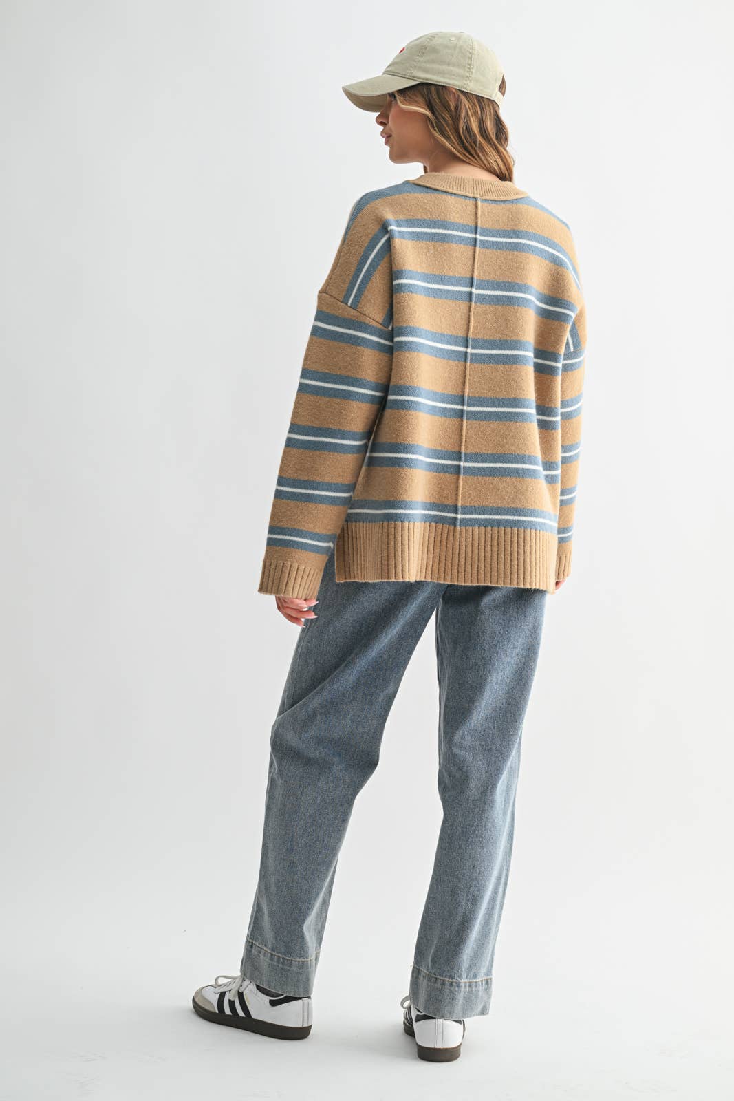 Camel Striped Drop Shoulder Knit Sweater - Purpose + Passion Boutique