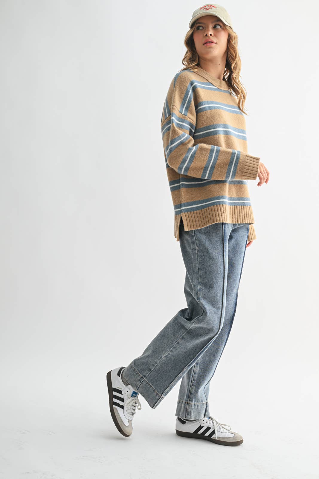 Camel Striped Drop Shoulder Knit Sweater - Purpose + Passion Boutique