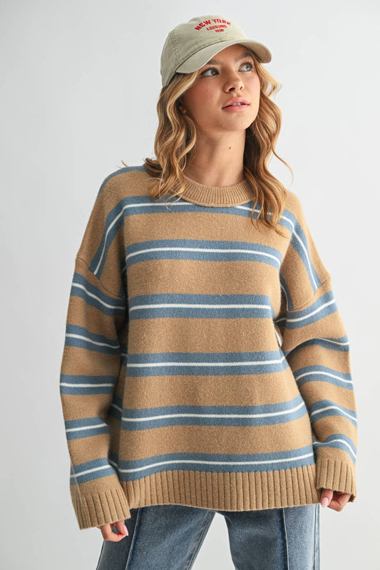 Camel Striped Drop Shoulder Knit Sweater - Purpose + Passion Boutique
