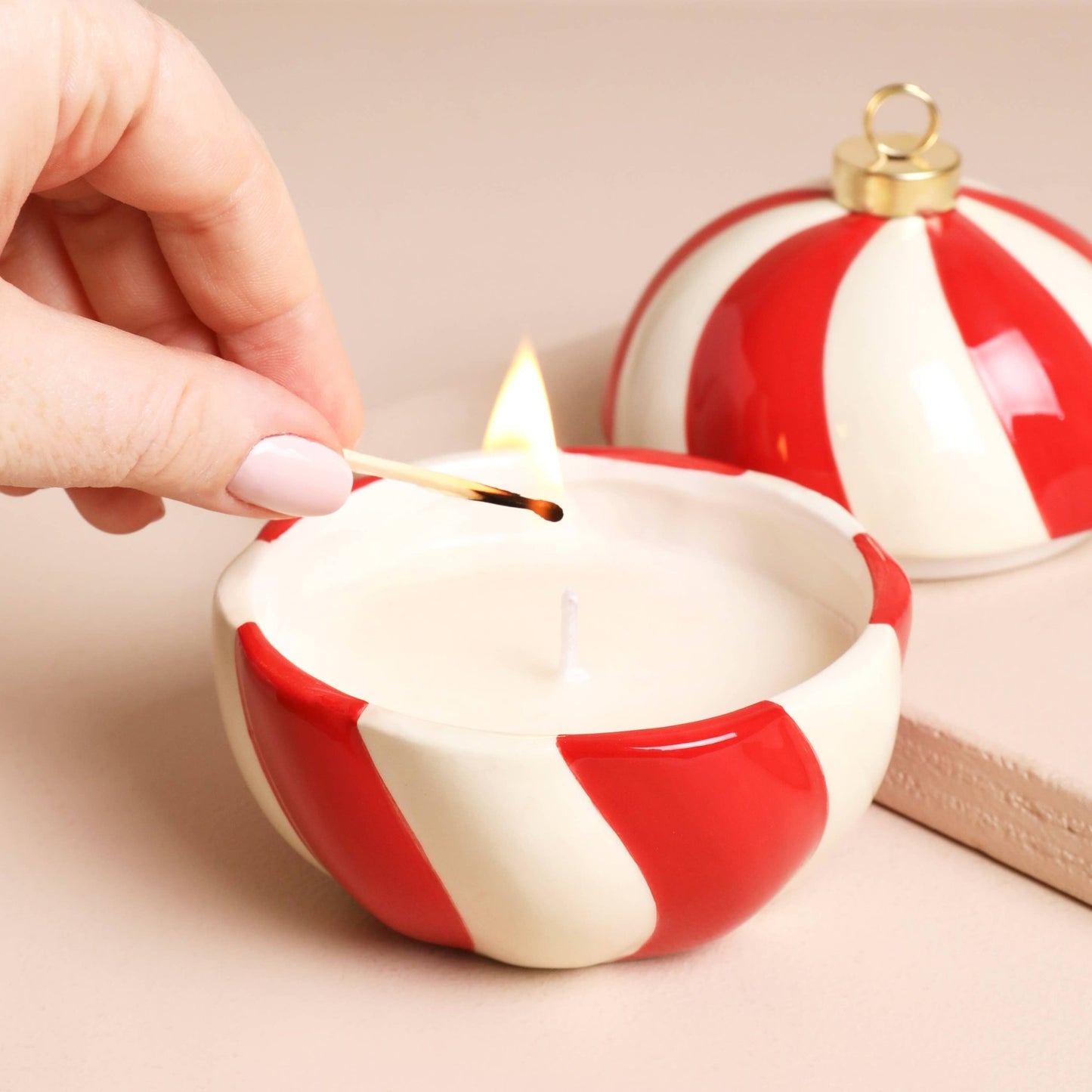 Candy Cane Stripe Cinnamon Bauble Candle - Purpose + Passion Boutique
