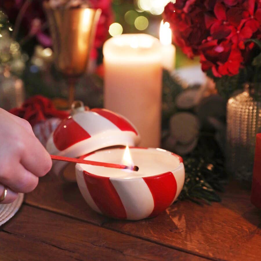 Candy Cane Stripe Cinnamon Bauble Candle - Purpose + Passion Boutique