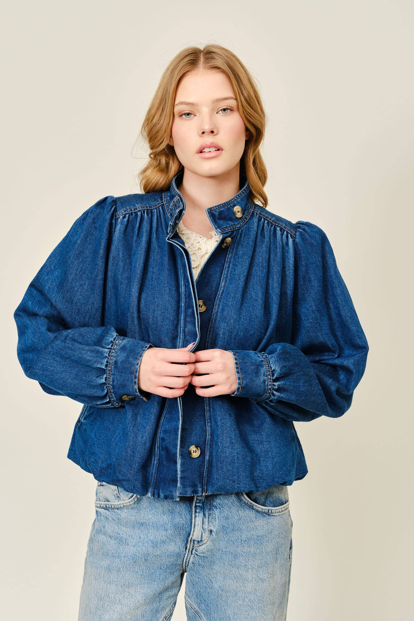 Dark Denim Bubble High Neck Denim Jacket