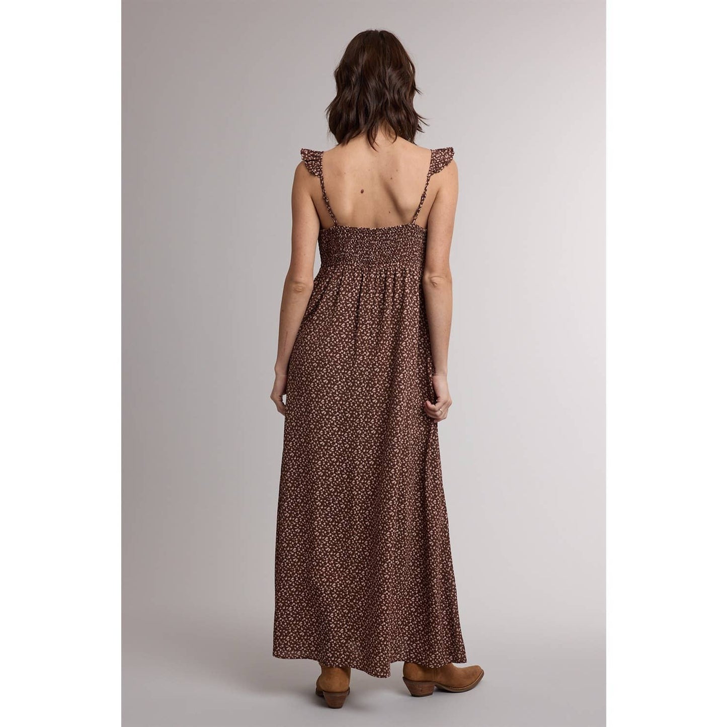 Espresso/Rose Floral Ruffle Strap Midi Dress
