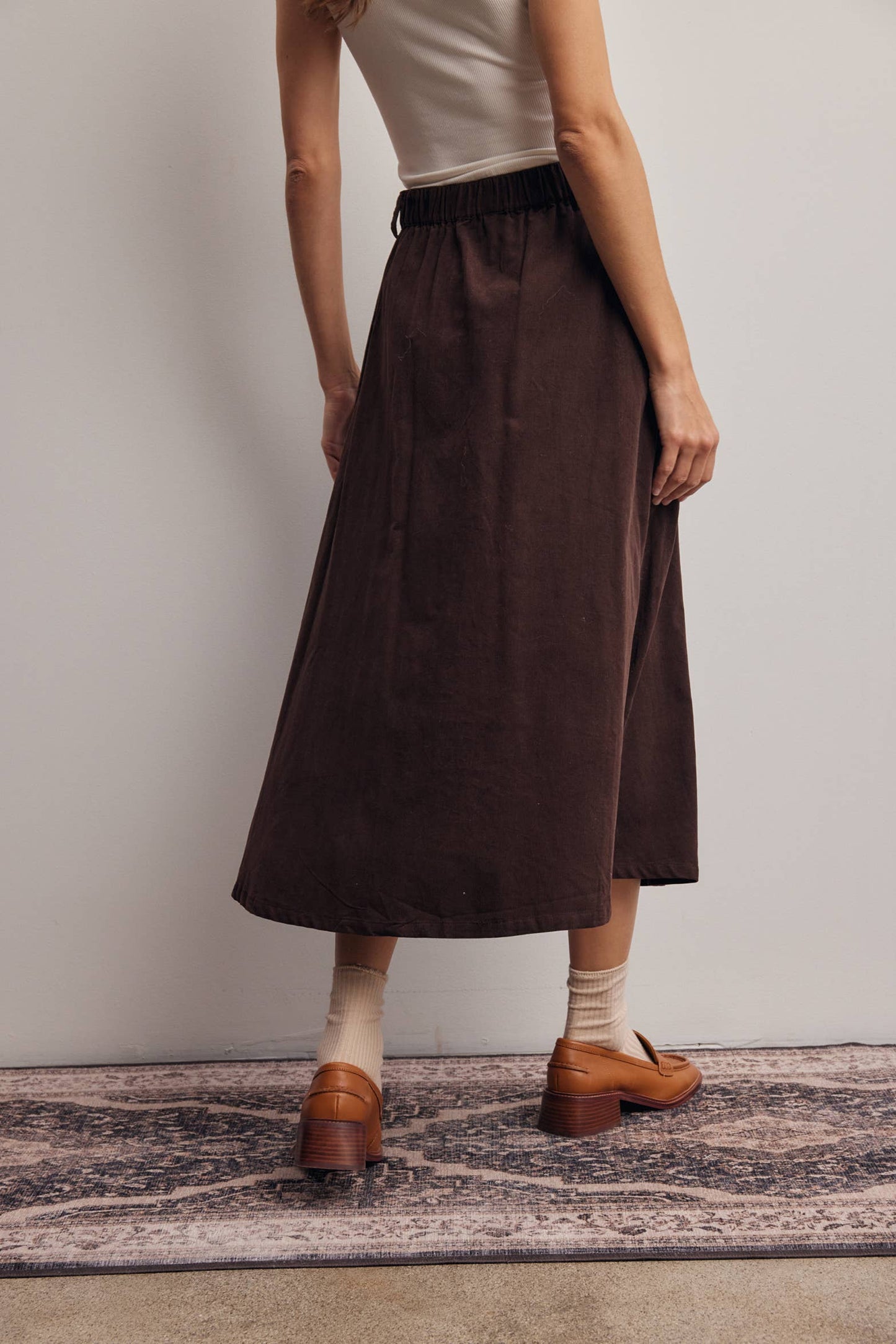 Mocha Corduroy Button Front Midi Skirt