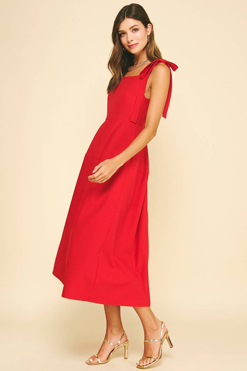 Red Ribbon Midi Sleeve Dress