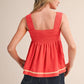 Sleeveless Coral Red Smocked Swing Top