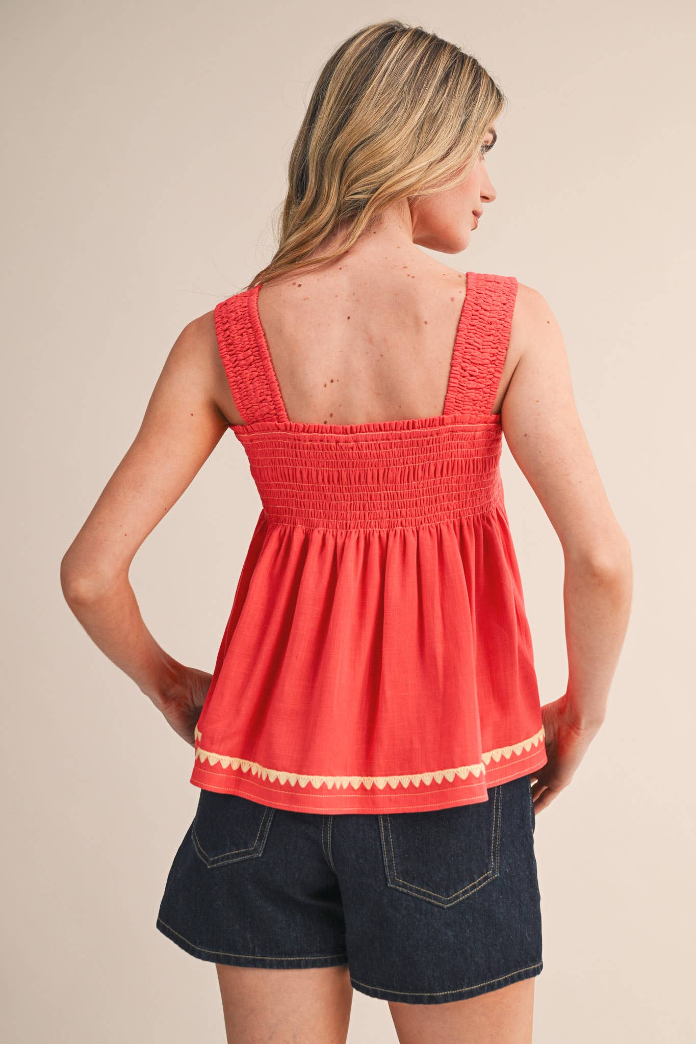 Sleeveless Coral Red Smocked Swing Top