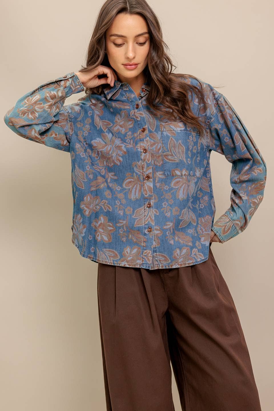 Chambray Floral Lightweight Denim Shirt - Purpose + Passion Boutique