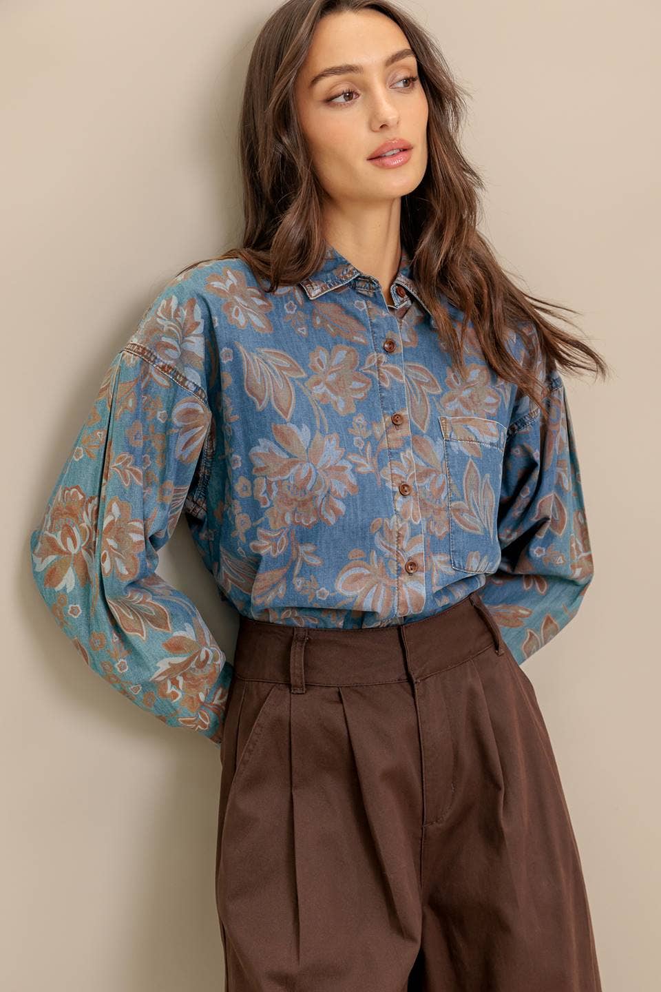 Chambray Floral Lightweight Denim Shirt - Purpose + Passion Boutique
