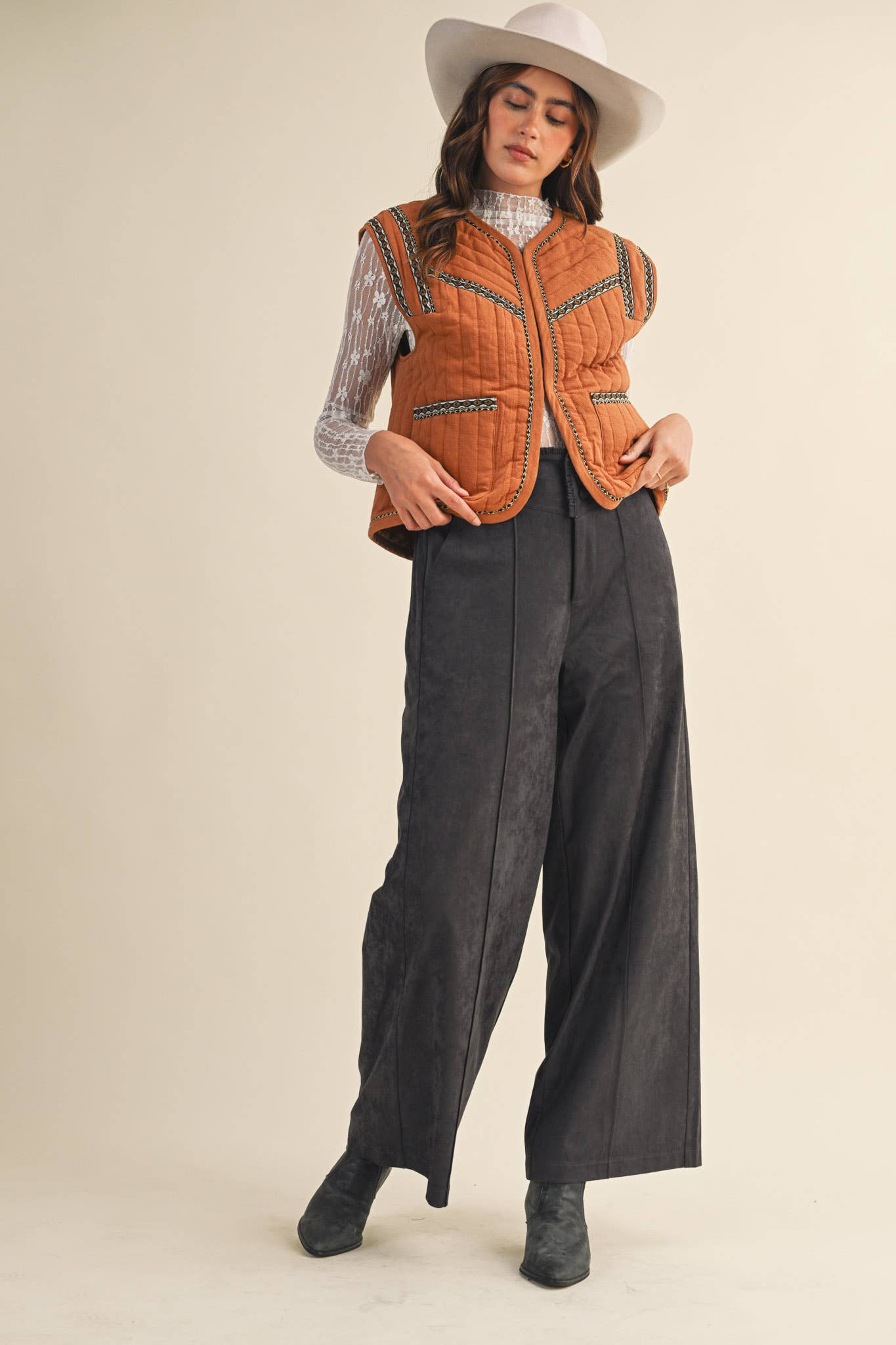 Charcoal Grey Suede Ruffle Trim Wide Leg Pants - Purpose + Passion Boutique