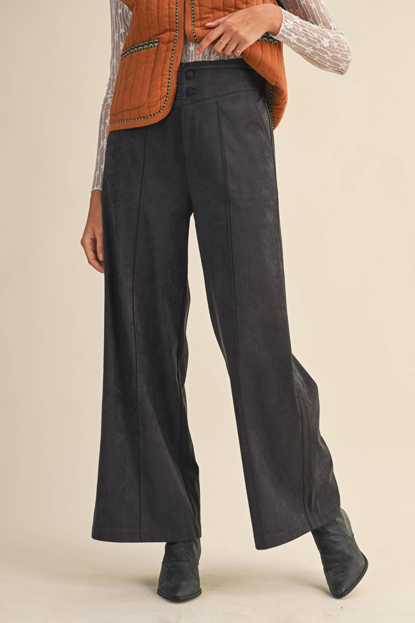 Charcoal Grey Suede Ruffle Trim Wide Leg Pants - Purpose + Passion Boutique