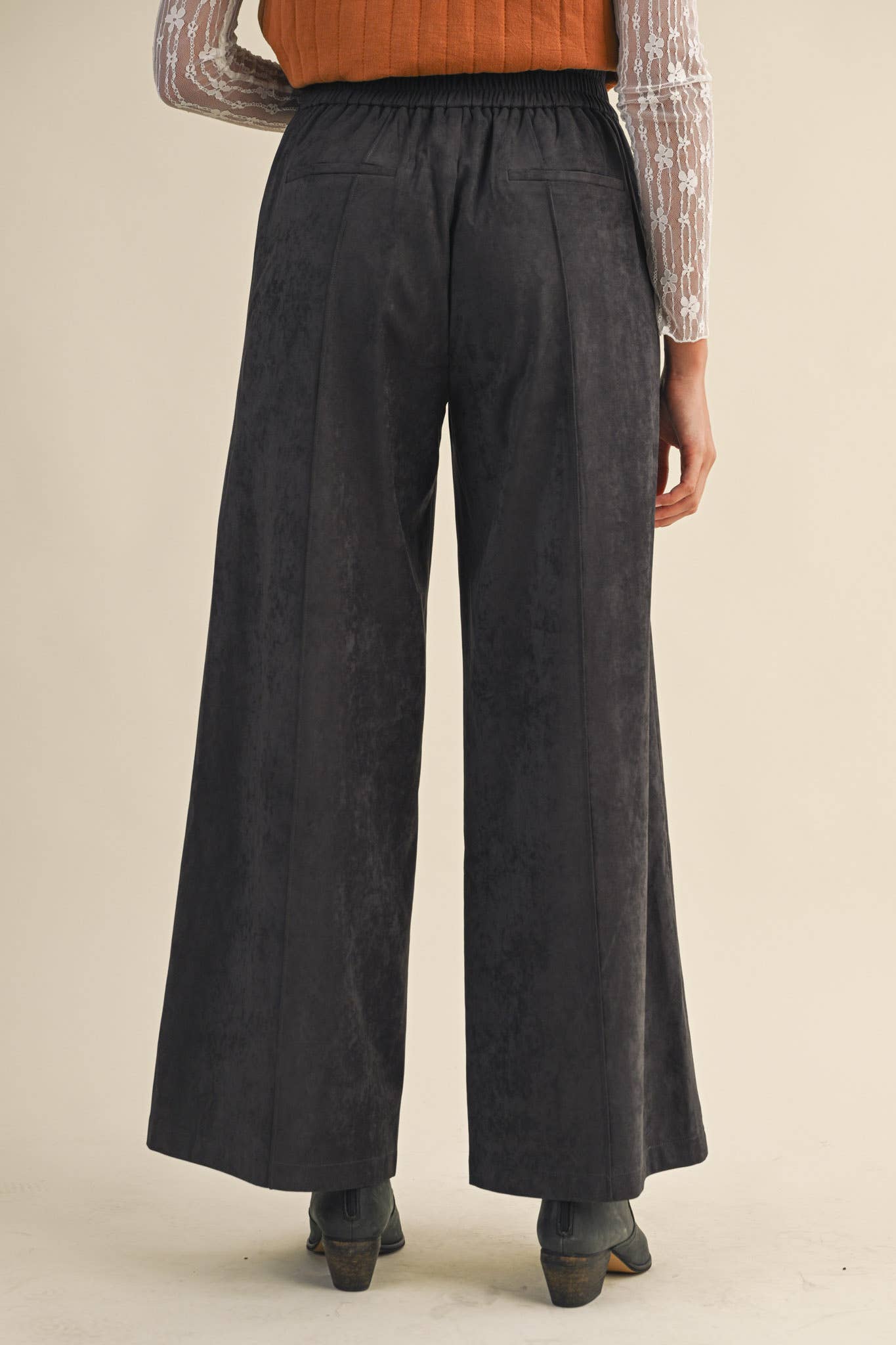Charcoal Grey Suede Ruffle Trim Wide Leg Pants - Purpose + Passion Boutique