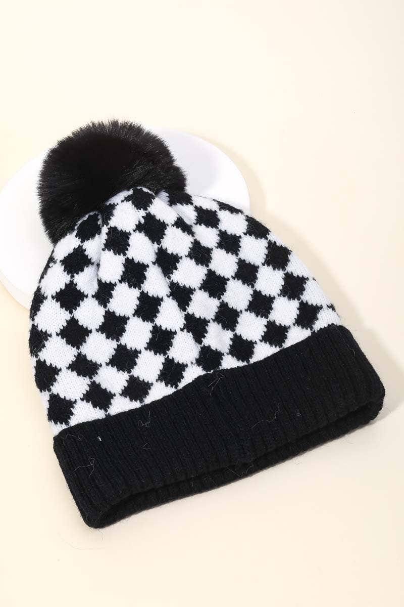 Checkered Pattern Pom Beanie - Purpose + Passion Boutique