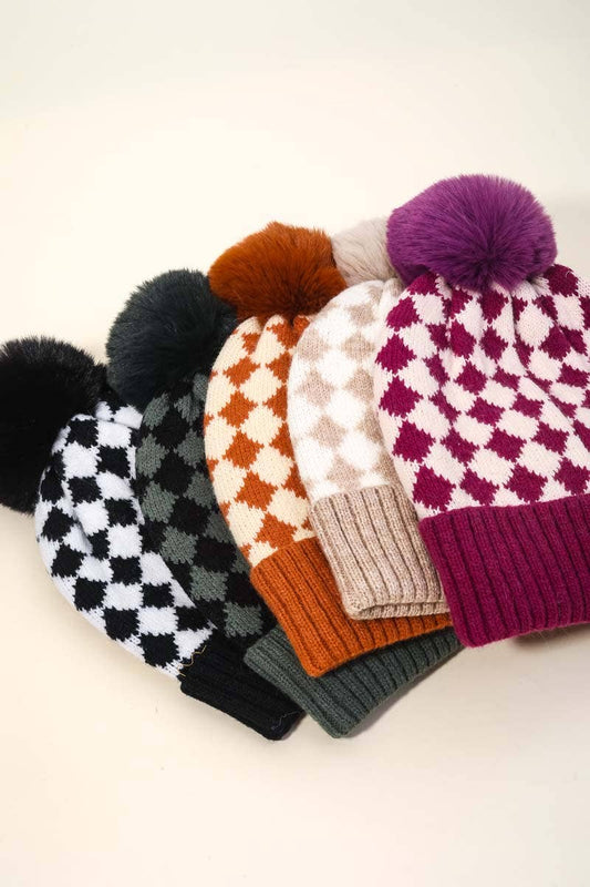 Checkered Pattern Pom Beanie - Purpose + Passion Boutique